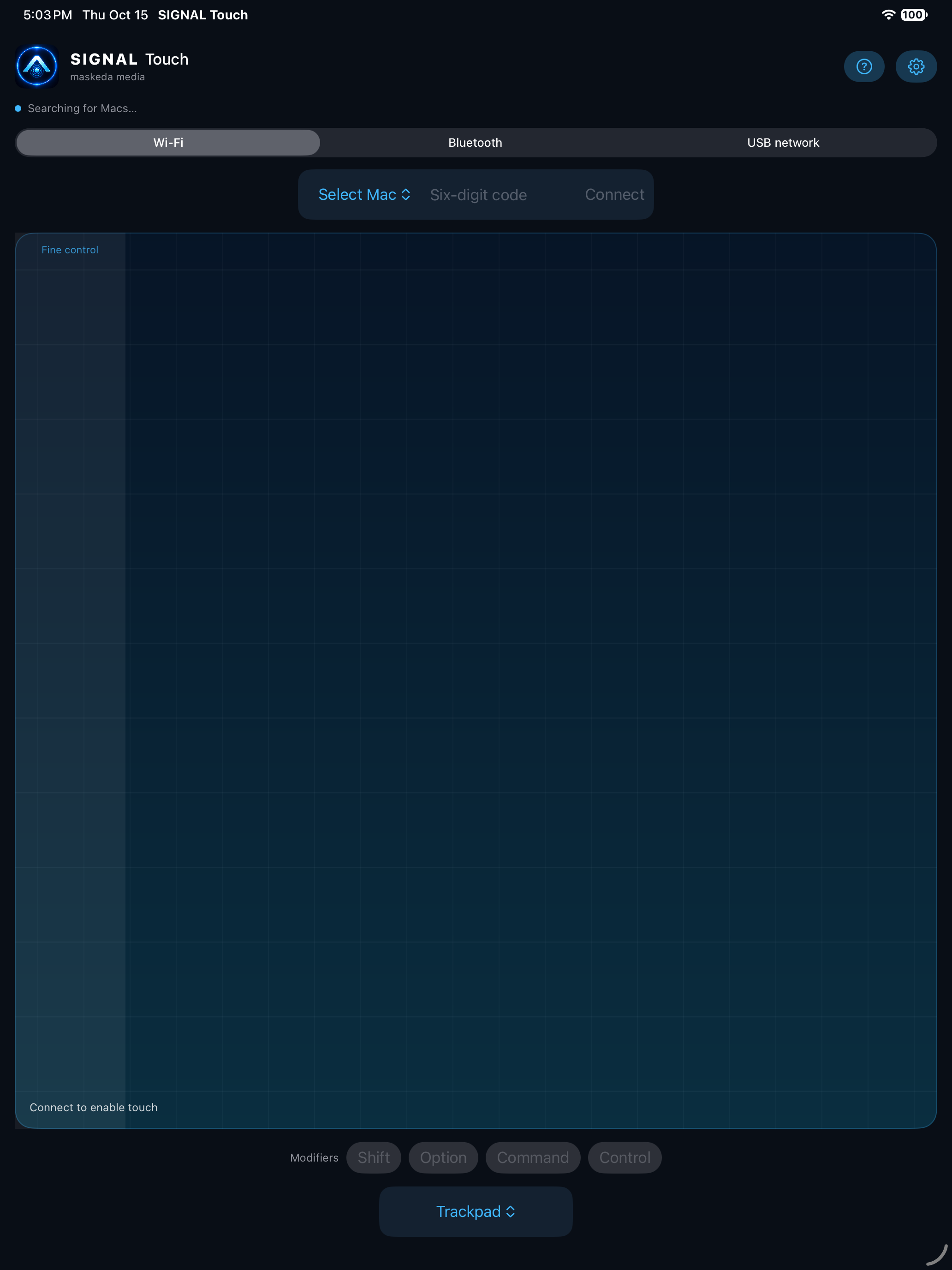 SIGNAL Touch iPad interface in dark appearance