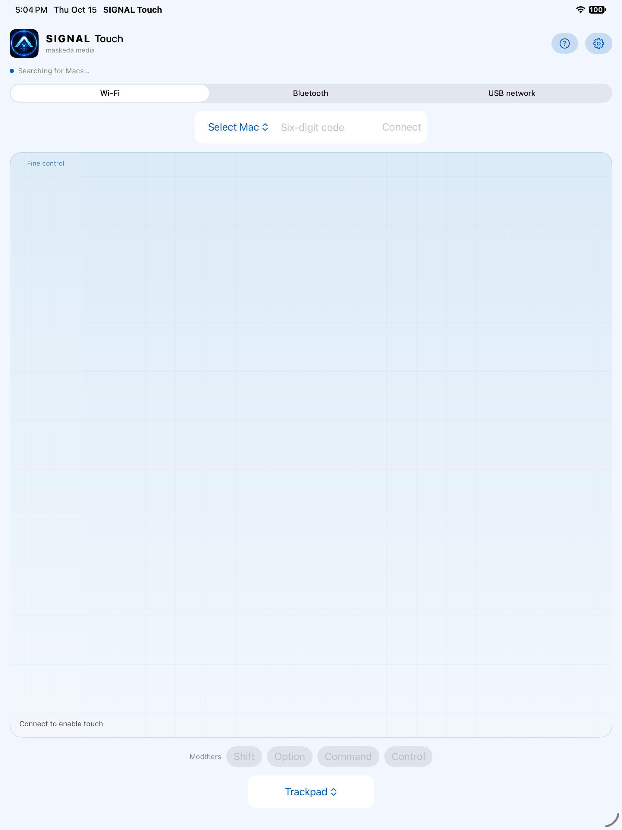 SIGNAL Touch iPad interface in light appearance